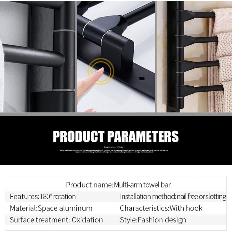 Swivel towel rack wall mounted bathroom towel holder rotating rack space saving 4 arms black