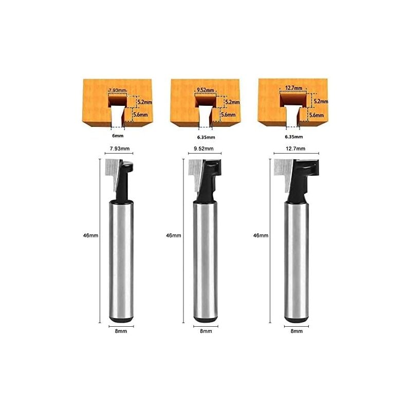 8mm T-slot Router Bit, T-Shaped Router Bits, 3pcs (7.93/9.52/12.7mm) Shank with Blade Woodworking Router Bits for Power Tools Carpentry Tools