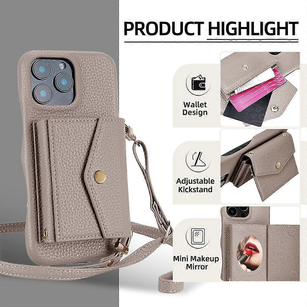 Horizontal Card Pocket Phone Case in Litchi Texture with Long Cord Grey Grey For iPhone 14 Pro