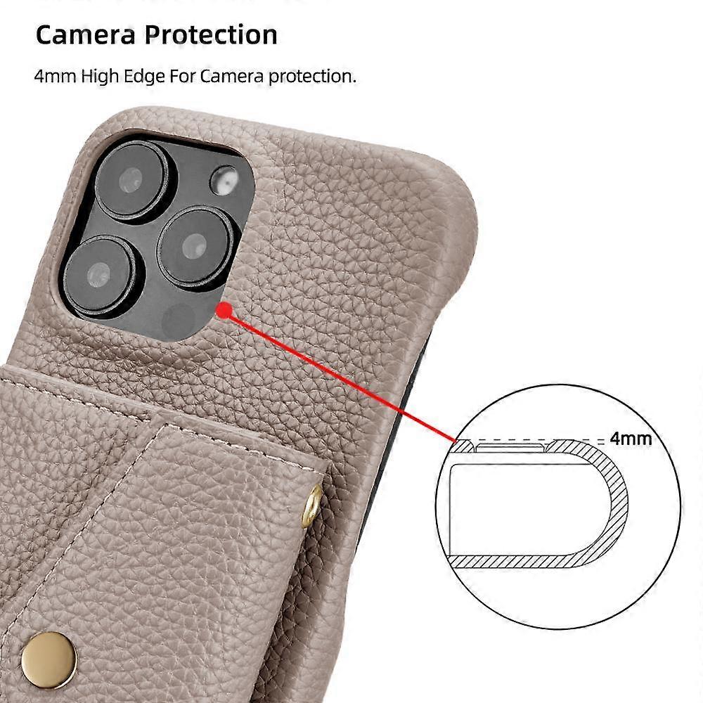 Horizontal Card Pocket Phone Case in Litchi Texture with Long Cord Grey Grey For iPhone 14 Pro