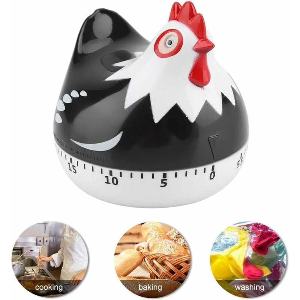 Manual Timer Chicken Design, Loud Kitchen Clock for Cooking Baking Dishwashing Durable ABS Material No Batteries Required (Black)