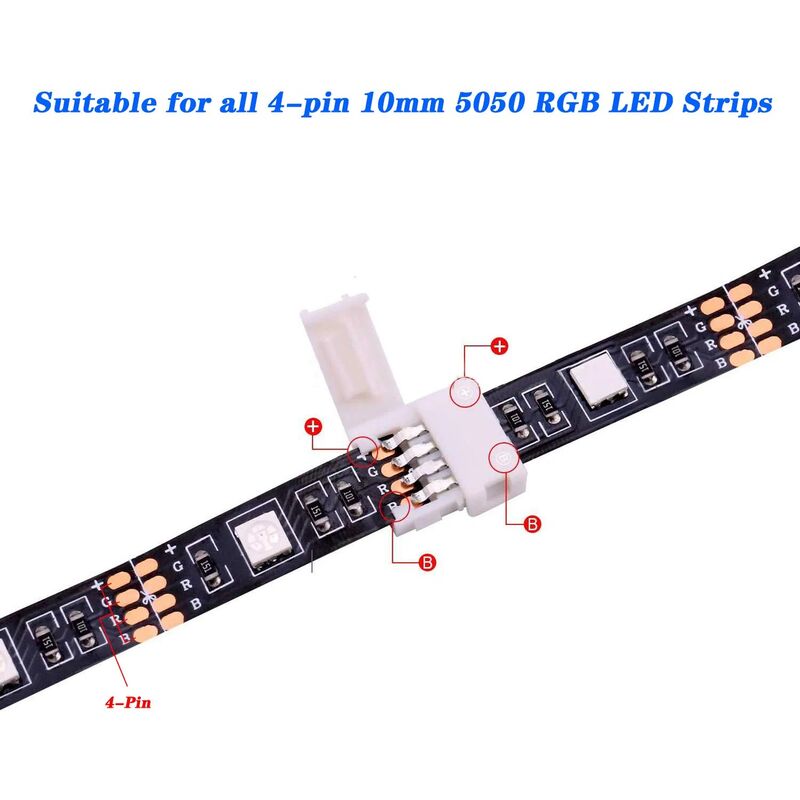 RGB LED Strip Connector Kit 30pcs 4Pin 10mm Solderless for SMD 5050 with 20 Gapless 5L 5T Contacts