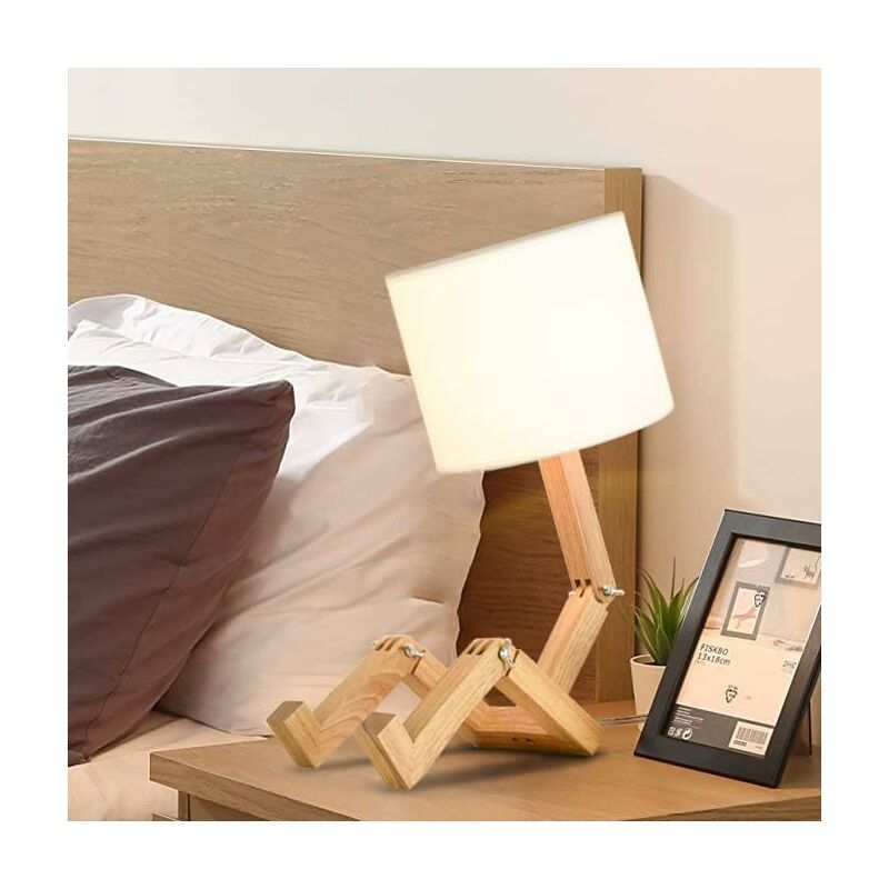 Creative Robot Desk Lamp, Adjustable Can Place Books Wooden Bedside Lamp with Fabric Lampshade E27 Screw for Decorative Lighting [Energy Class A] NPTERBL