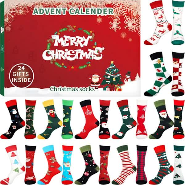 Advent Calendar 2024 with Socks - 24 Days with Different Christmas Patterns for Adults A