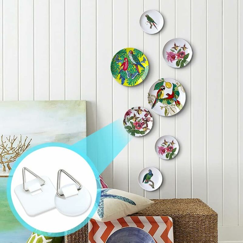 50-Pack 1\" Invisible Adhesive Hangers, Self-Adhesive Vertical Wall Plaque Hangers, Wall Plaques for Plates, Pictures, Decorative Art (White)