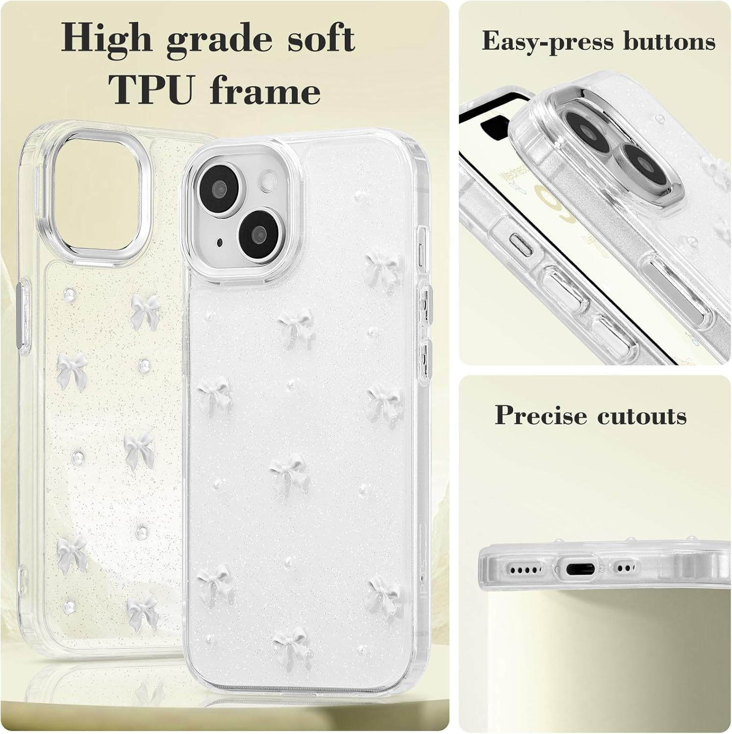 Compatible with iPhone 15 Plus, Bling Glitter 3D Bowknot Phone Case Cute Sparkly Crystal Clear Bowknot Slim Soft Durable Protective Case White iPhone 15 Plus