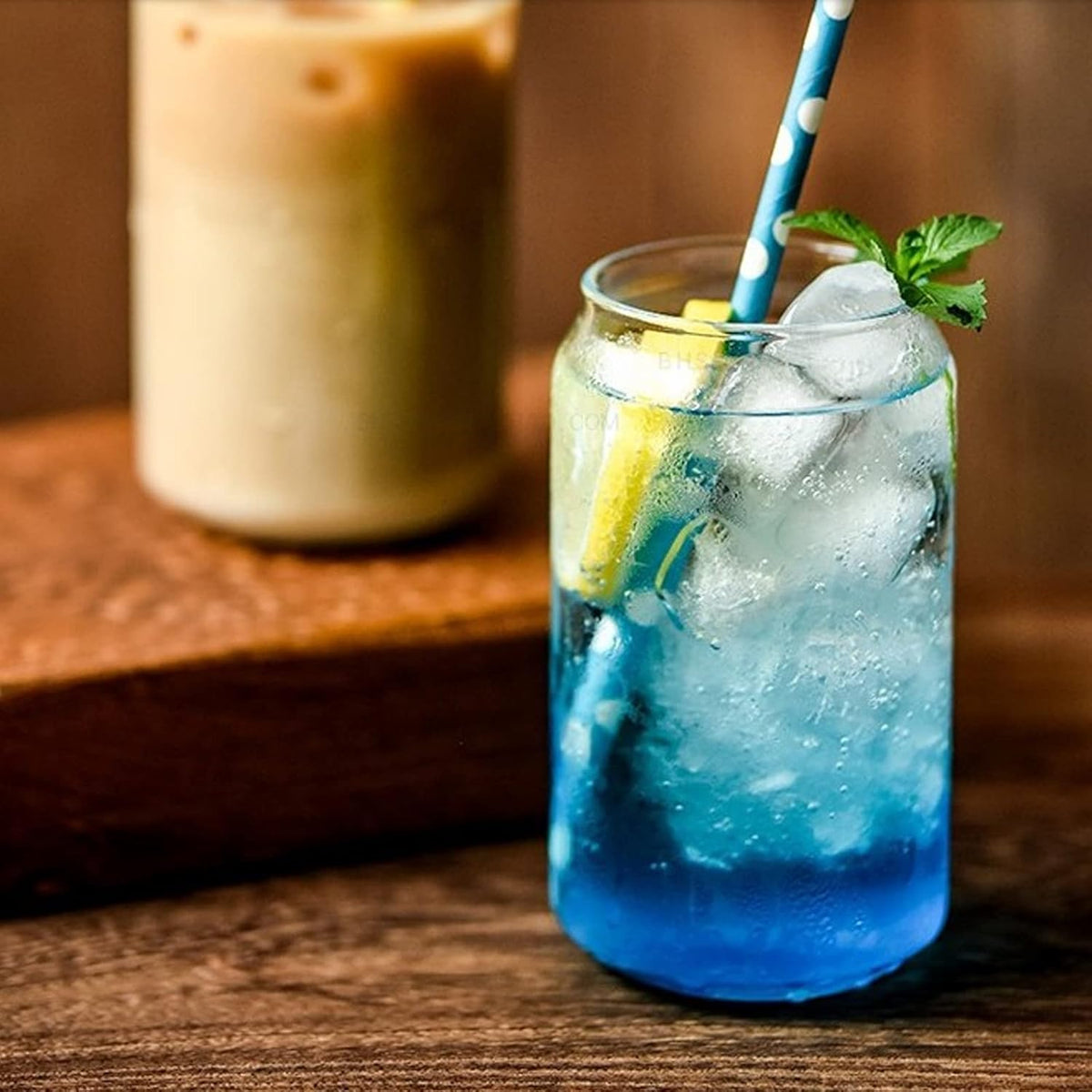 pcs Drinking Glasses with Bamboo Lid and Straw, Beer Can Shaped Iced Coffee Cup for Milk, Coffee, Ice Water, Cocktail (500ml)