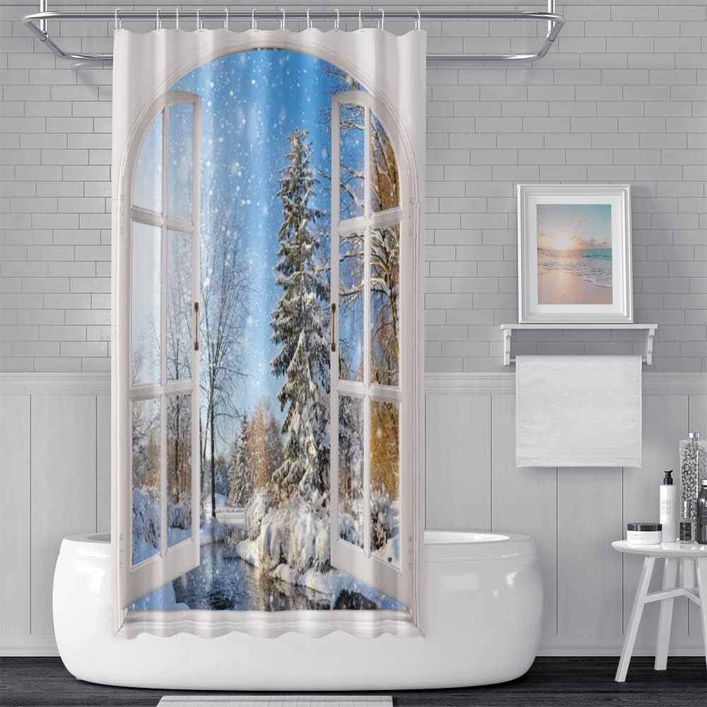 Winter Snowy Shower Curtain, Window View Blue Sky Winter Christmas Tree River Nature Snowy Scene Bath Curtains for Holiday 180cm x 180cm