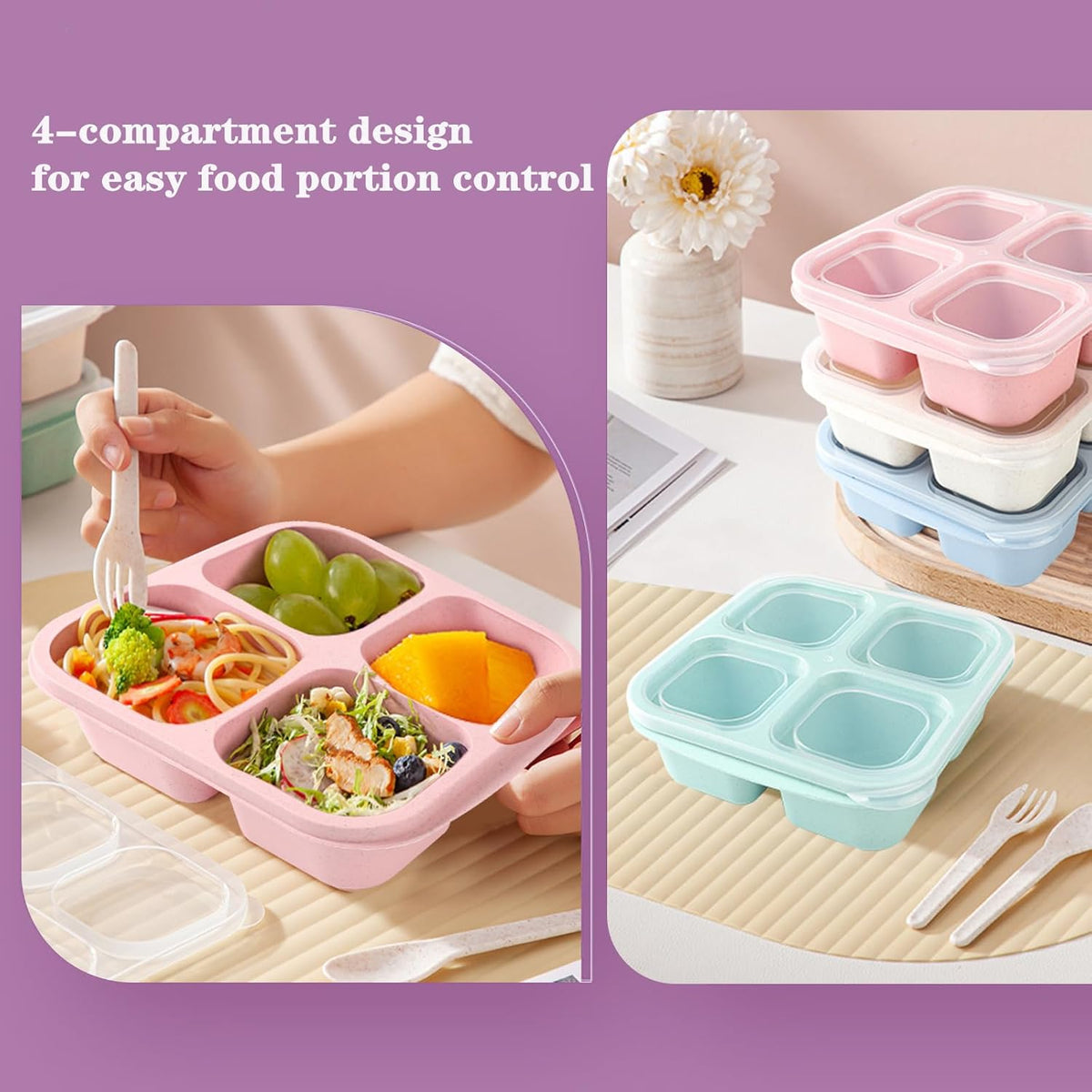 4-pack snack boxes with compartments, snack containers for kids and adults, 4-compartment bento lunch boxes