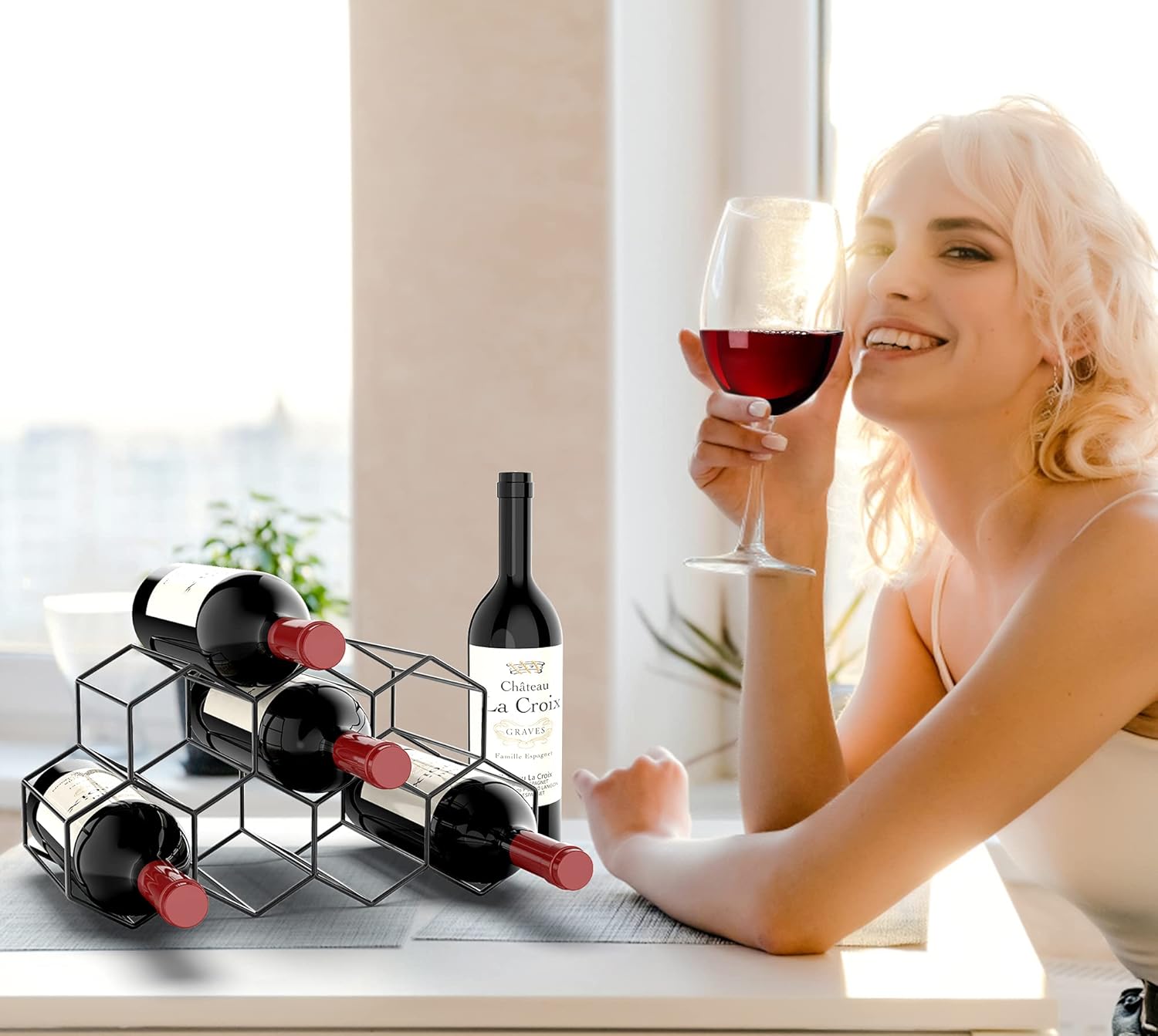 Freestanding Metal Wine Rack for 9 Bottles - Black, Tabletop Wine Rack