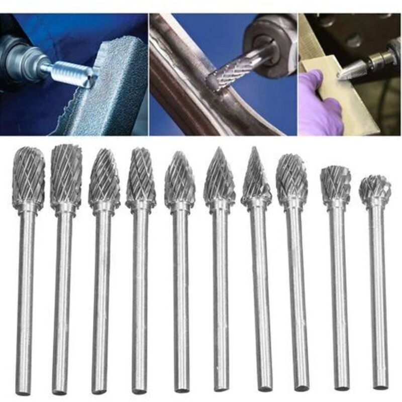 10pcs Double Cut Tungsten Steel Rotary Files with 3mm Shank, Twist Drill Bits for Dremel Rotary Tools
