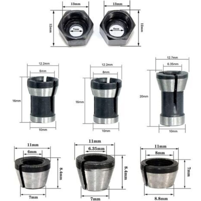 Milling Chuck - Set of 6, Countersunk Collet (6 mm, 6.35 mm, 8 mm), Router Collet, Collet Adapter