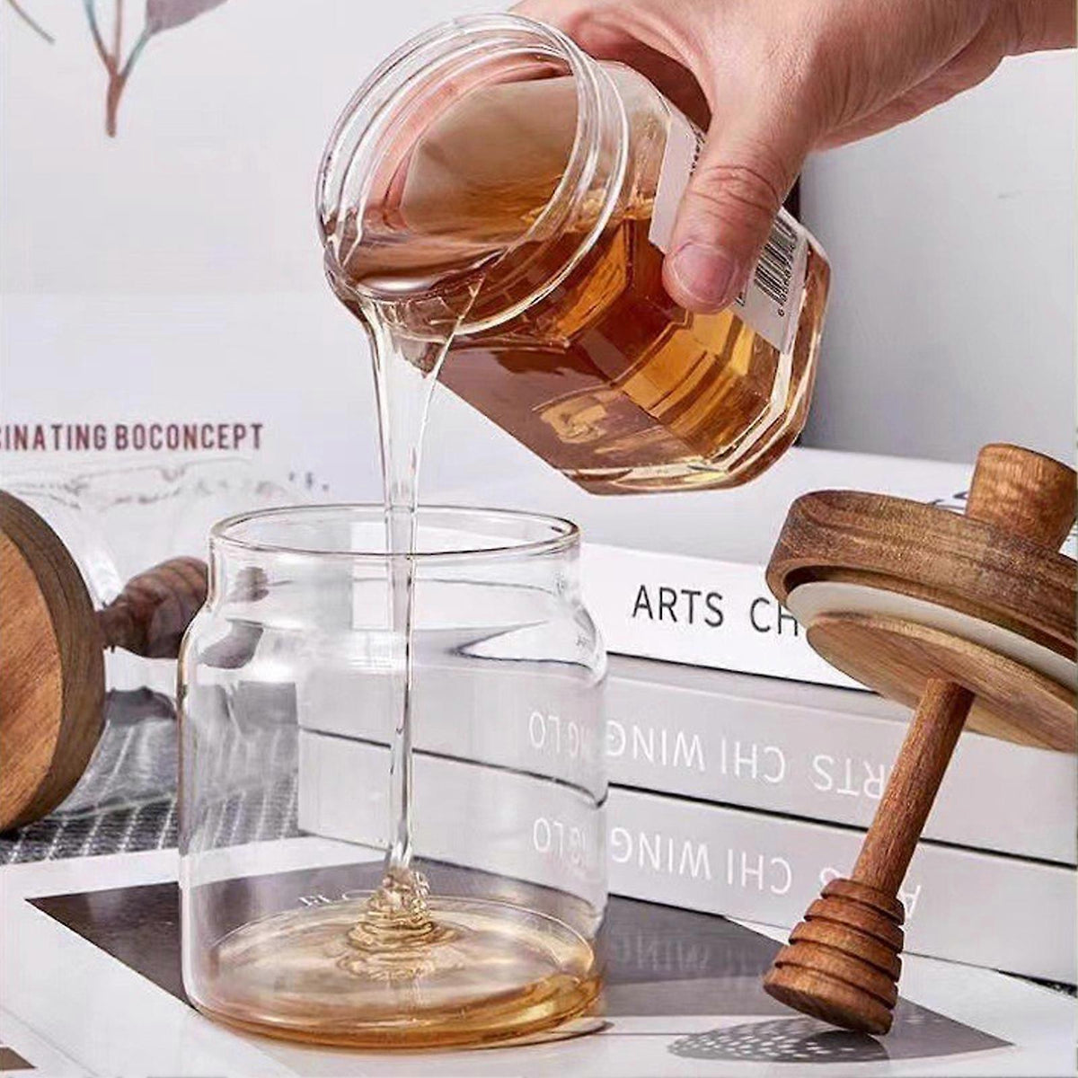 500ML Glass Honey Jar with Wooden Spoon Lid Airtight Honey Pot Set Transparent Honey Spoon and Jar Set for Easy Monitoring Wide Opening