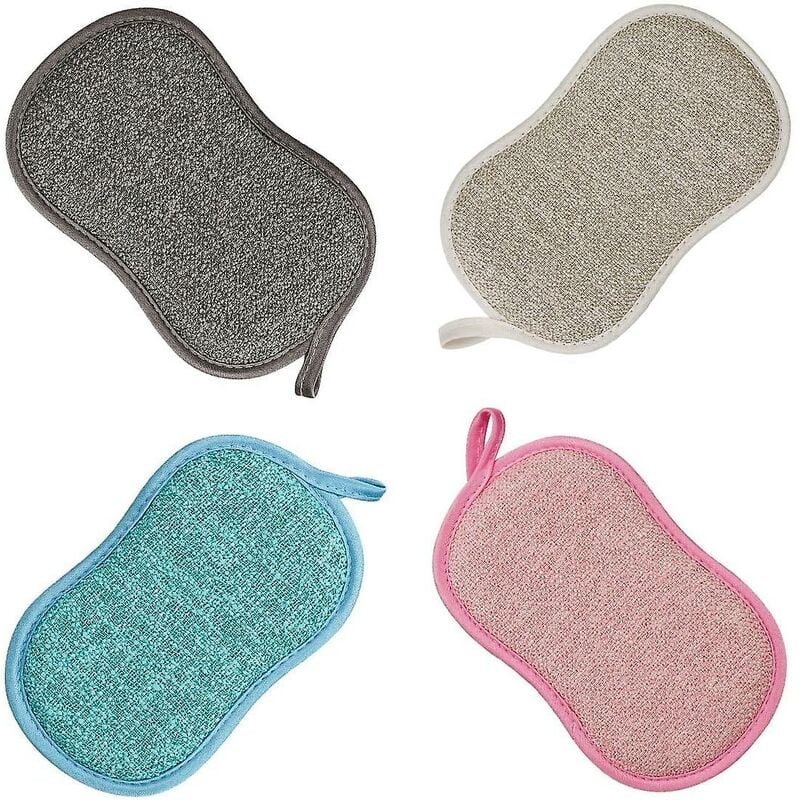 Reusable Microfiber Antibacterial Washable Dishwashing Sponges Scouring Pads Double Sponge for Non-Stick Pans Pots (4pcs Sponges)