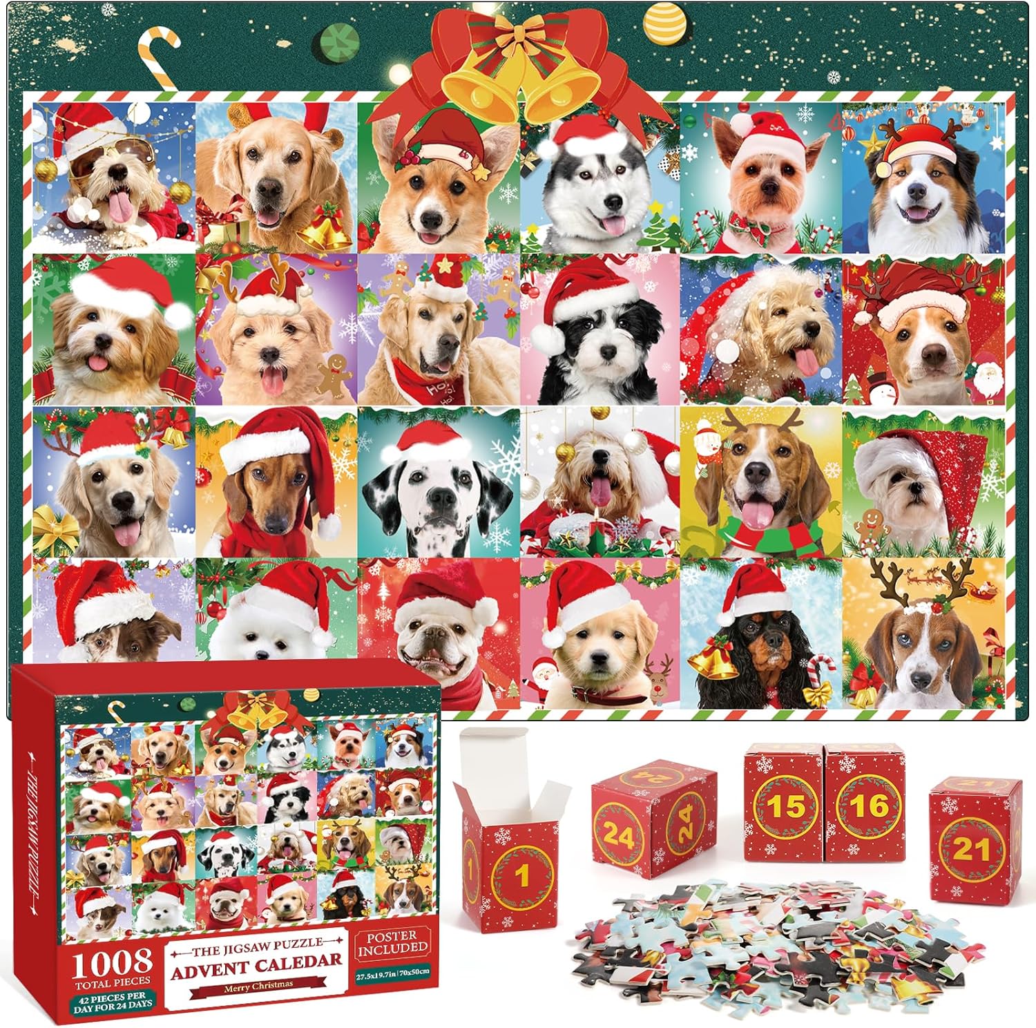 Advent Calendar 2024 Christmas Puzzle, Christmas Dogs Puzzle 1008 Pieces Puzzle 24 Days Christmas Countdown