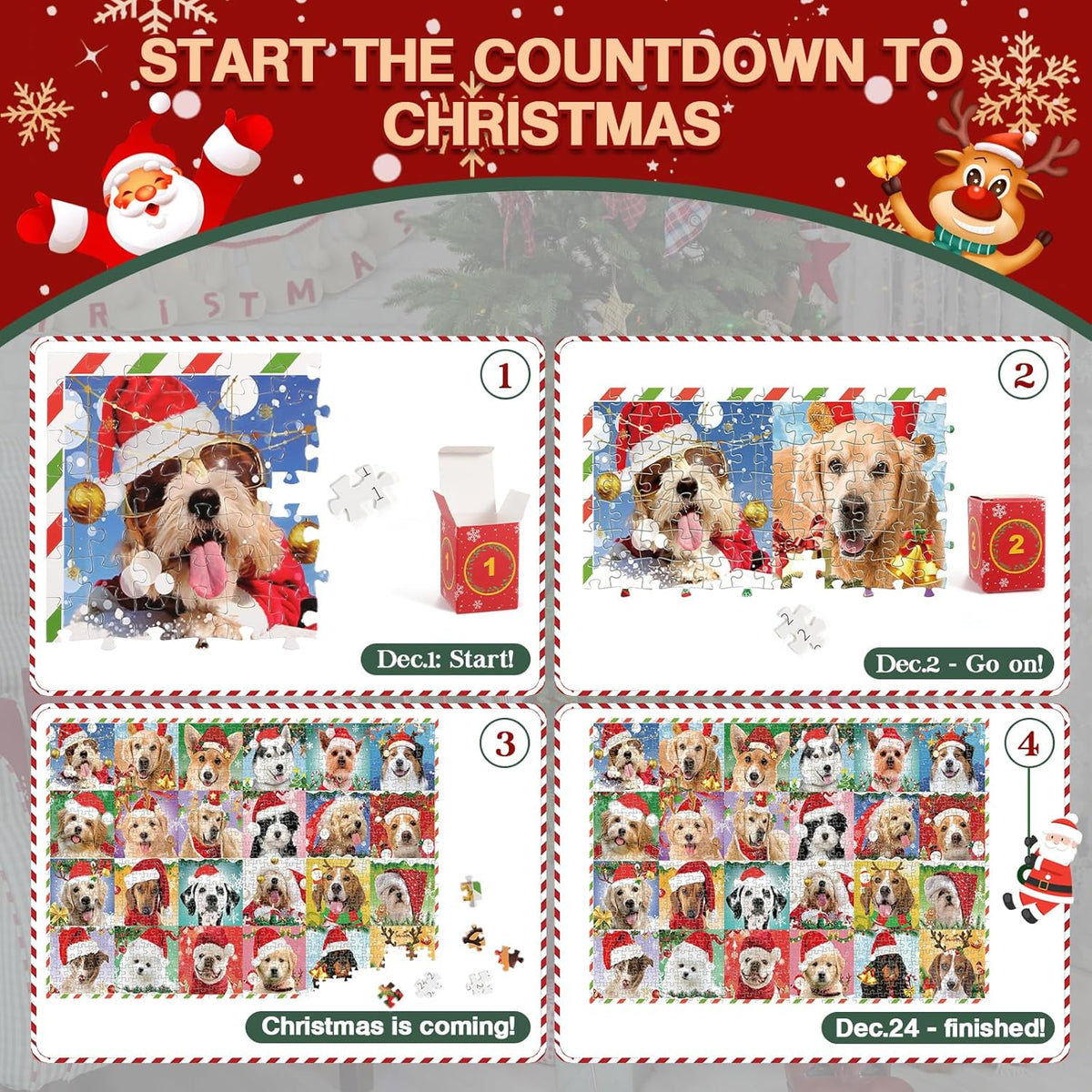 Advent Calendar 2024 Christmas Puzzle, Christmas Dogs Puzzle 1008 Pieces Puzzle 24 Days Christmas Countdown