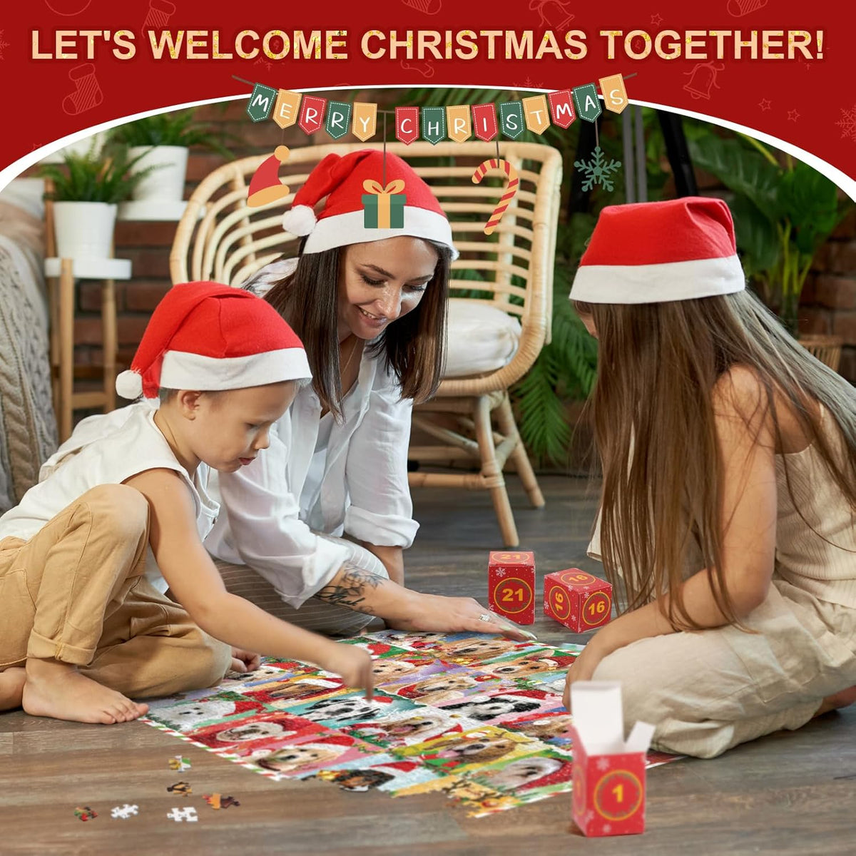 Advent Calendar 2024 Christmas Puzzle, Christmas Dogs Puzzle 1008 Pieces Puzzle 24 Days Christmas Countdown