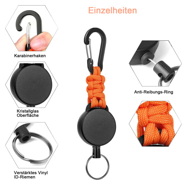 3-pack retractable key rings, retractable key ring with carabiner, retractable cord with 60 cm steel cable and key ring, 170g-200g tensile strength