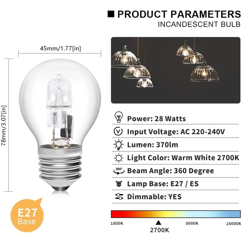 E27 Halogen Bulbs 28W G45 Glass Dimmable Warm White 2700K Golf Ball Shaped Bulb Edison Screw Lamp Clear Shade for Chandelier (6-pack)