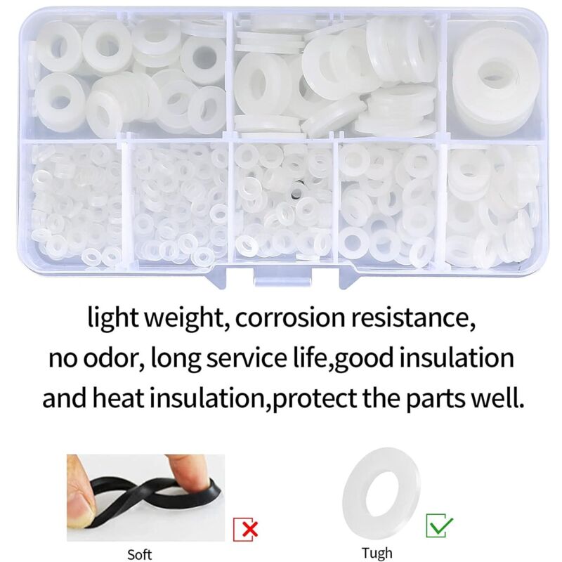 500 Pieces Nylon Flat Washers, Flat Washers Insulation Round Spacer Plumbing Assortment Kit - White, M2/M2.5/M3/M4/M5/M6/M8/M10