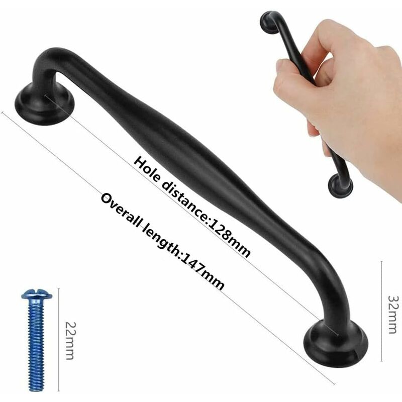 10 pcs Black Furniture Handles - Black Kitchen Furniture Handles Door Handles Drawer Bedroom Center Distance 128mm, Handles for Wardrobes