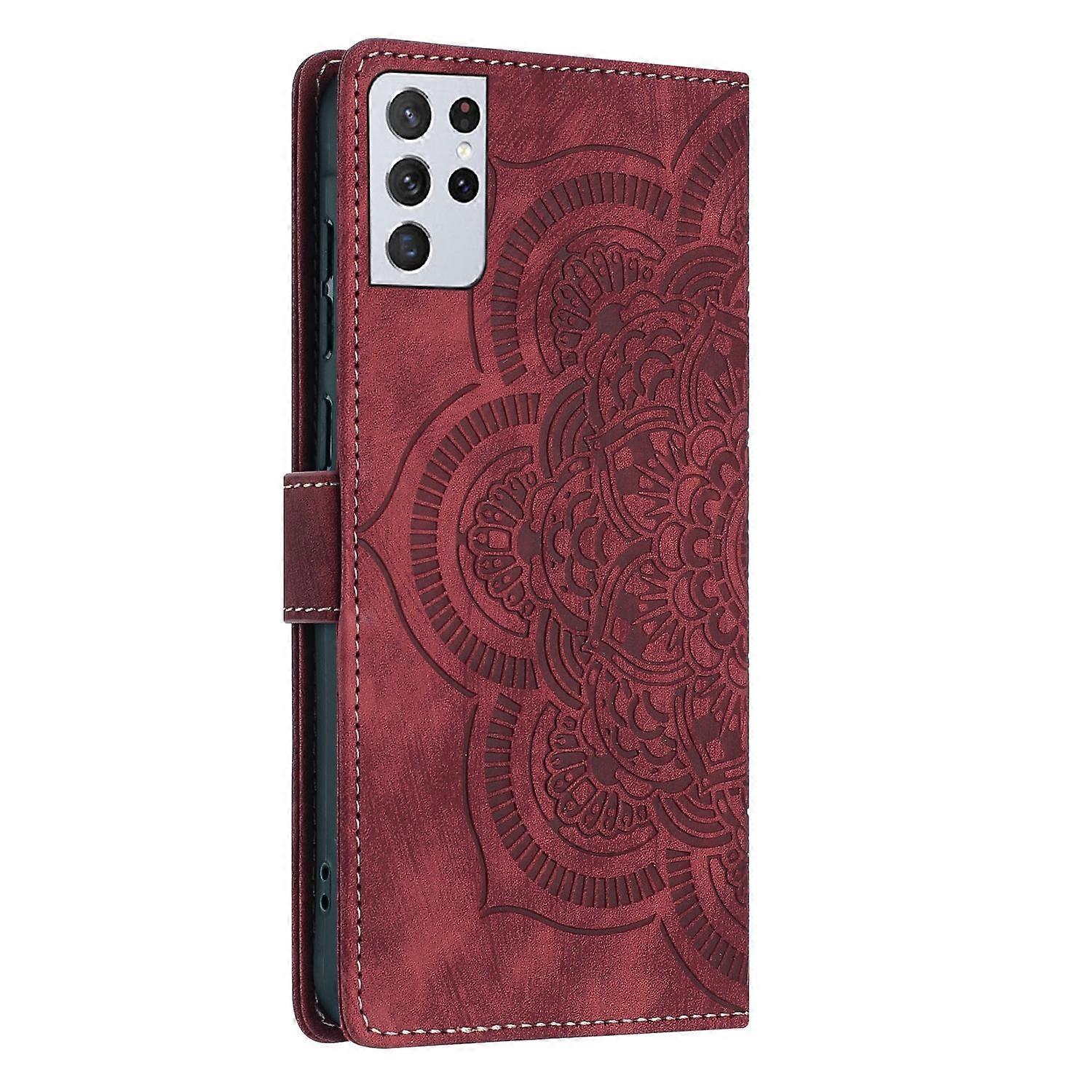 Mandala Embossed Retro Frosted Leather Phone Case Red For Samsung Galaxy S21 Ultra 5G