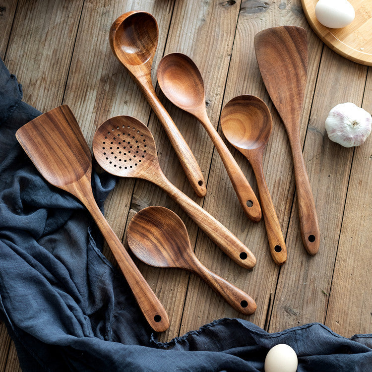 Wooden ladle set for cooking, 7 pcs wooden teak utensils, wooden kitchen utensil set, wooden kitchen utensils
