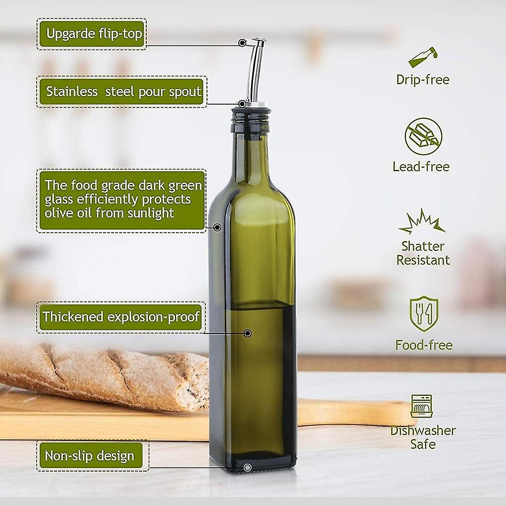 Glass Olive Oil - 500 ml Green Oil and Vinegar With Pour Spout and Funnel - Olive Oil Carafe