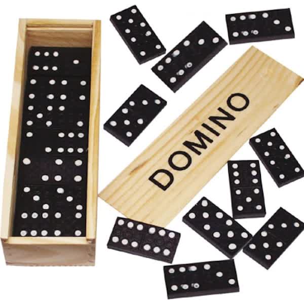 Traditional Domino Game - 28 pieces, wooden case with sliding lid for children and adults, black color, wooden game, educational aid