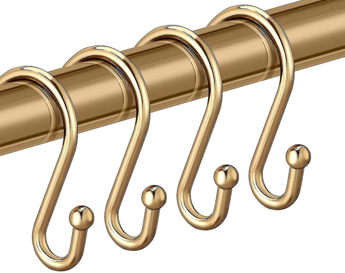{xjxj} Brass Shower Curtain Hooks, Set of 12 Metal Shower Rings Gold Decorative, Premium Stainless Steel S-Shaped Hooks Hangers for Bathroom Curtains, Clothes