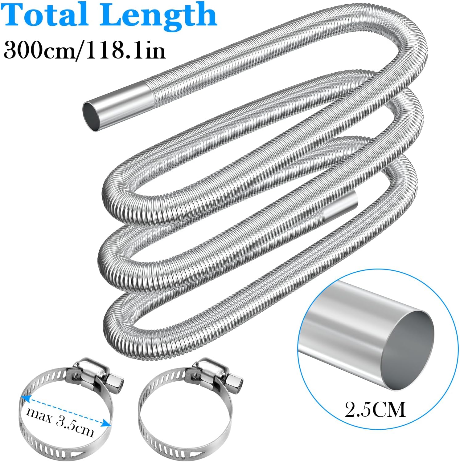Air heater hose, 300 cm Ø 2.5 cm stainless steel exhaust pipe, parking heater pipe with 2 hose clamps, for parking heater 300CM