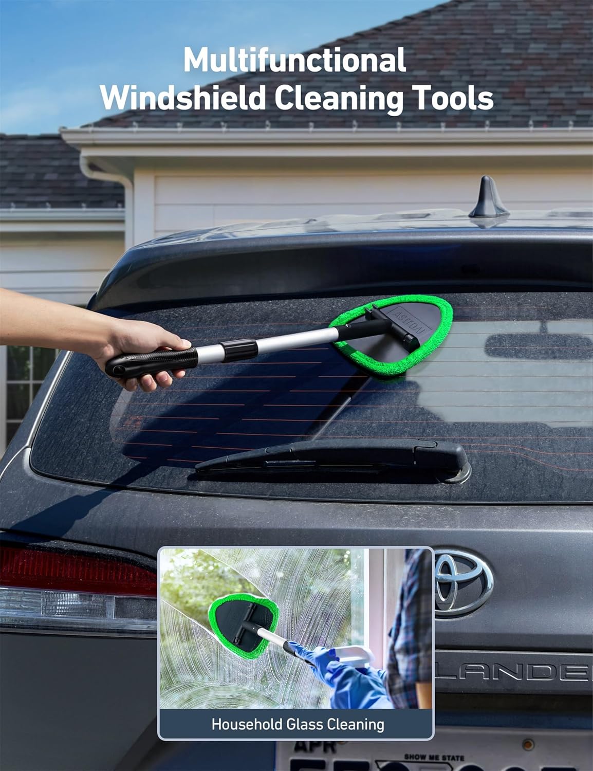 Windshield Washer, Car Windshield Cleaning Tool for Inside with 4 Reusable and Washable Microfiber Pads, Green