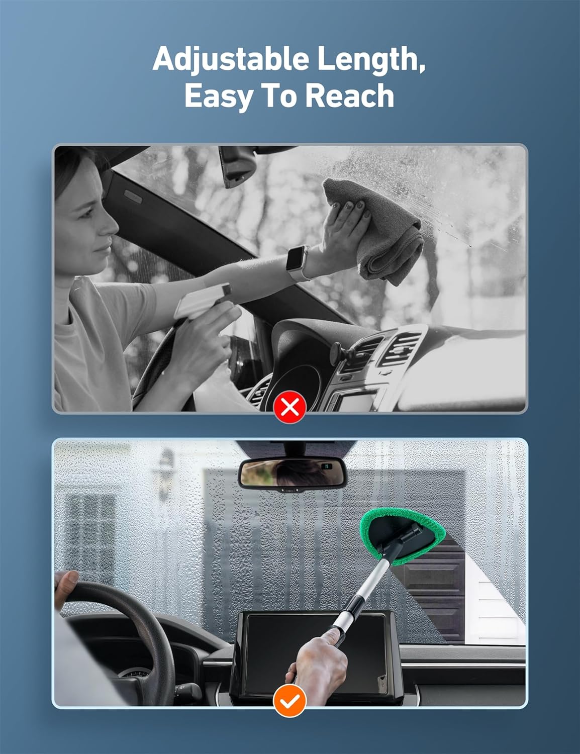 Windshield Washer, Car Windshield Cleaning Tool for Inside with 4 Reusable and Washable Microfiber Pads, Green