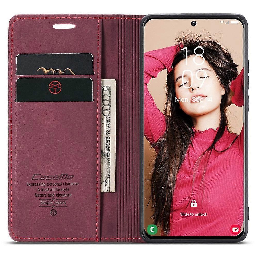 CASEME 013 Series Samsung Galaxy S21 FE Wallet Case Stand Automatic Suction PU Leather Case Red_yux Red Red