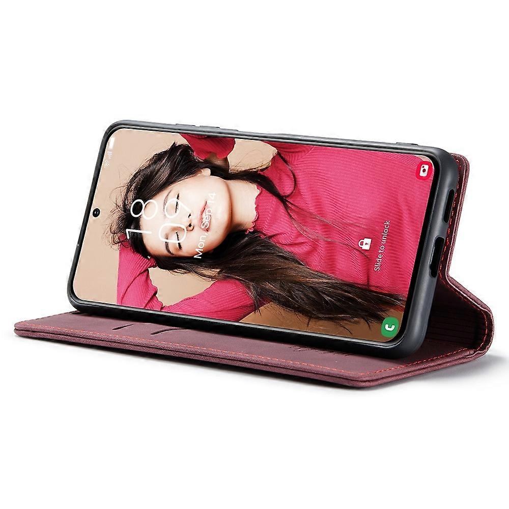 CASEME 013 Series Samsung Galaxy S21 FE Wallet Case Stand Automatic Suction PU Leather Case Red_yux Red Red