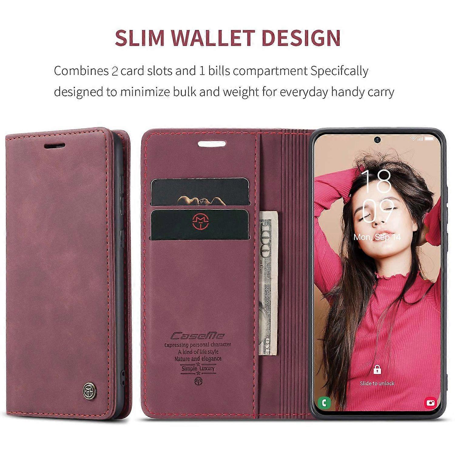CASEME 013 Series Samsung Galaxy S21 FE Wallet Case Stand Automatic Suction PU Leather Case Red_yux Red Red