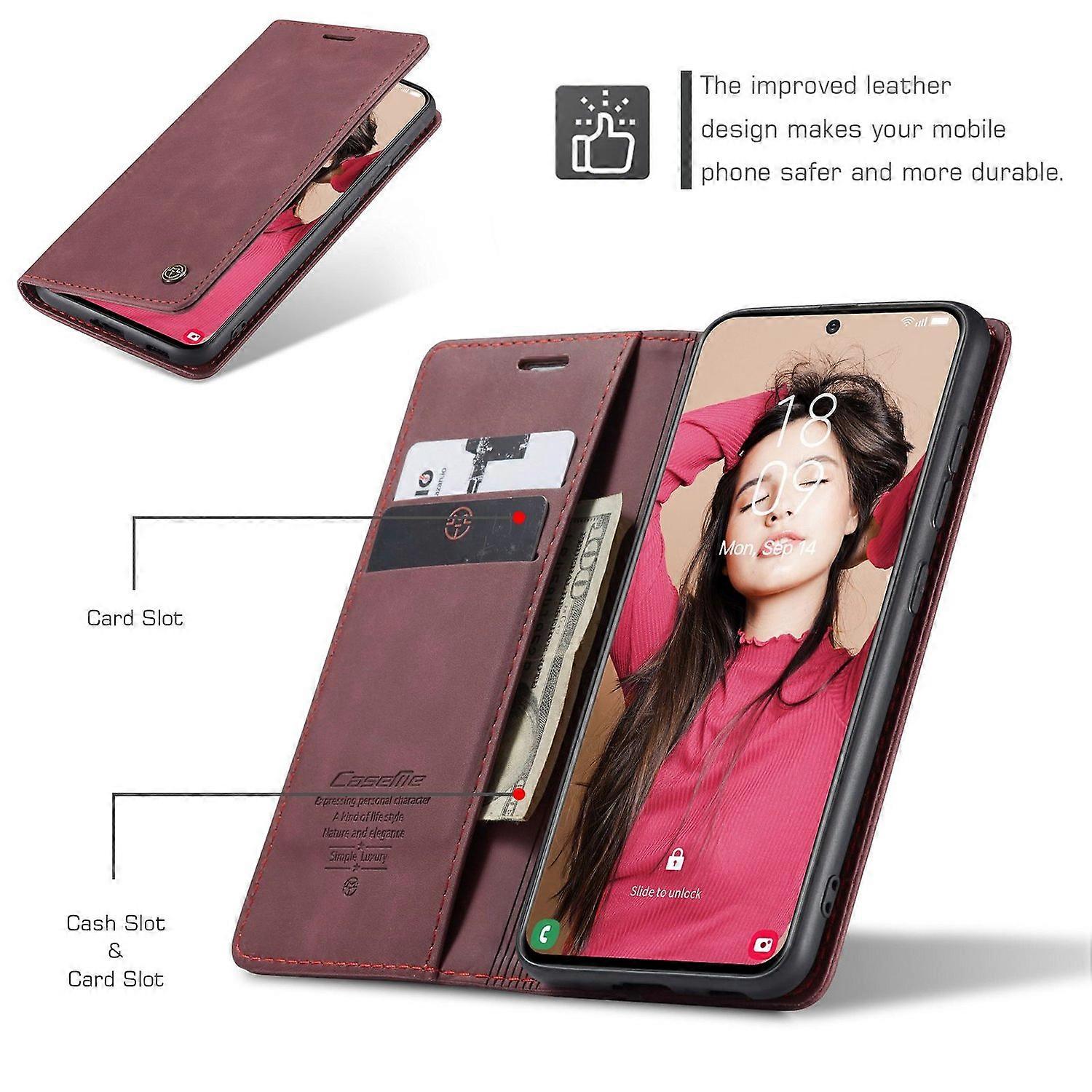 CASEME 013 Series Samsung Galaxy S21 FE Wallet Case Stand Automatic Suction PU Leather Case Red_yux Red Red
