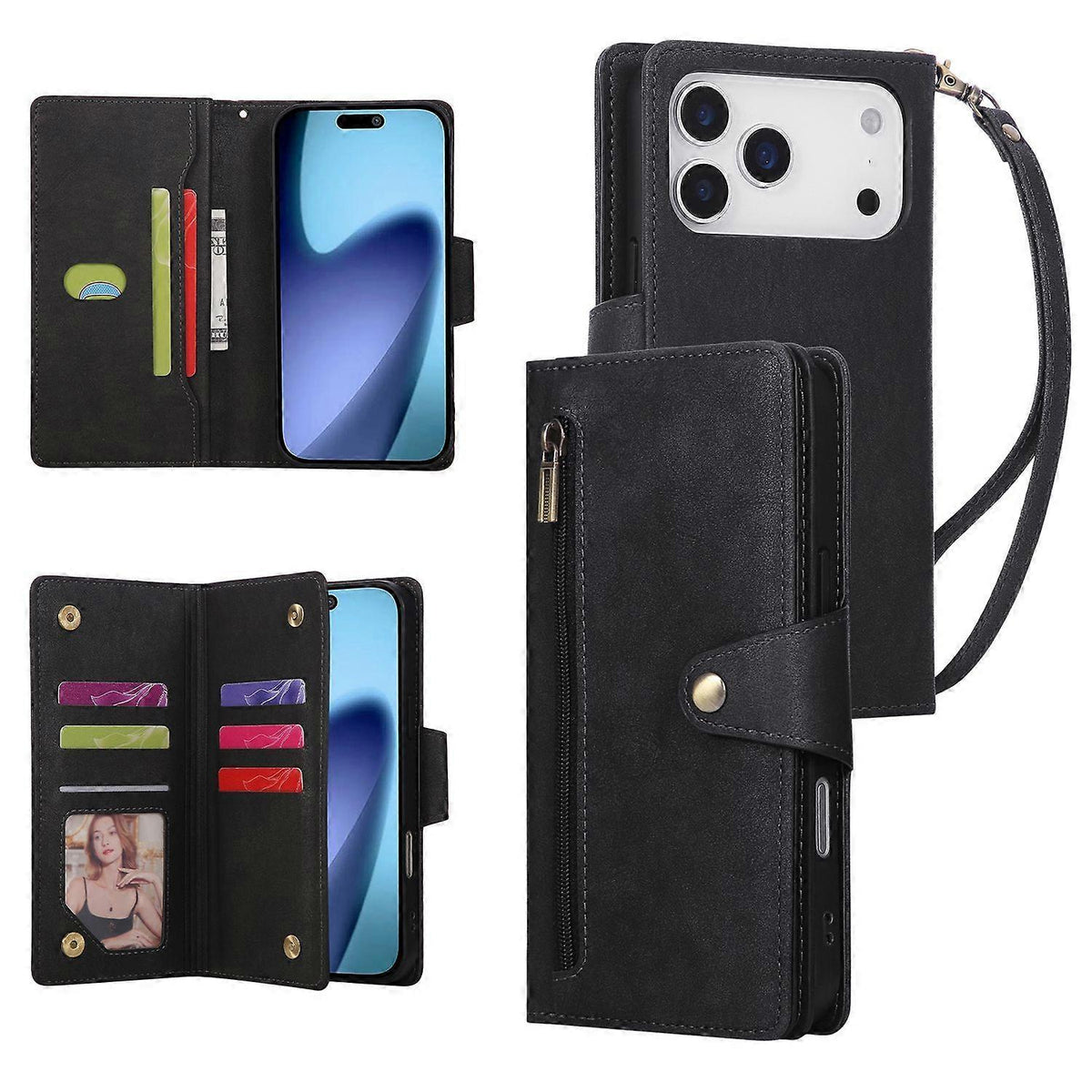 Compatible with iPhone 17 Pro Max Magnetic Leather Wallet Card Holder Black