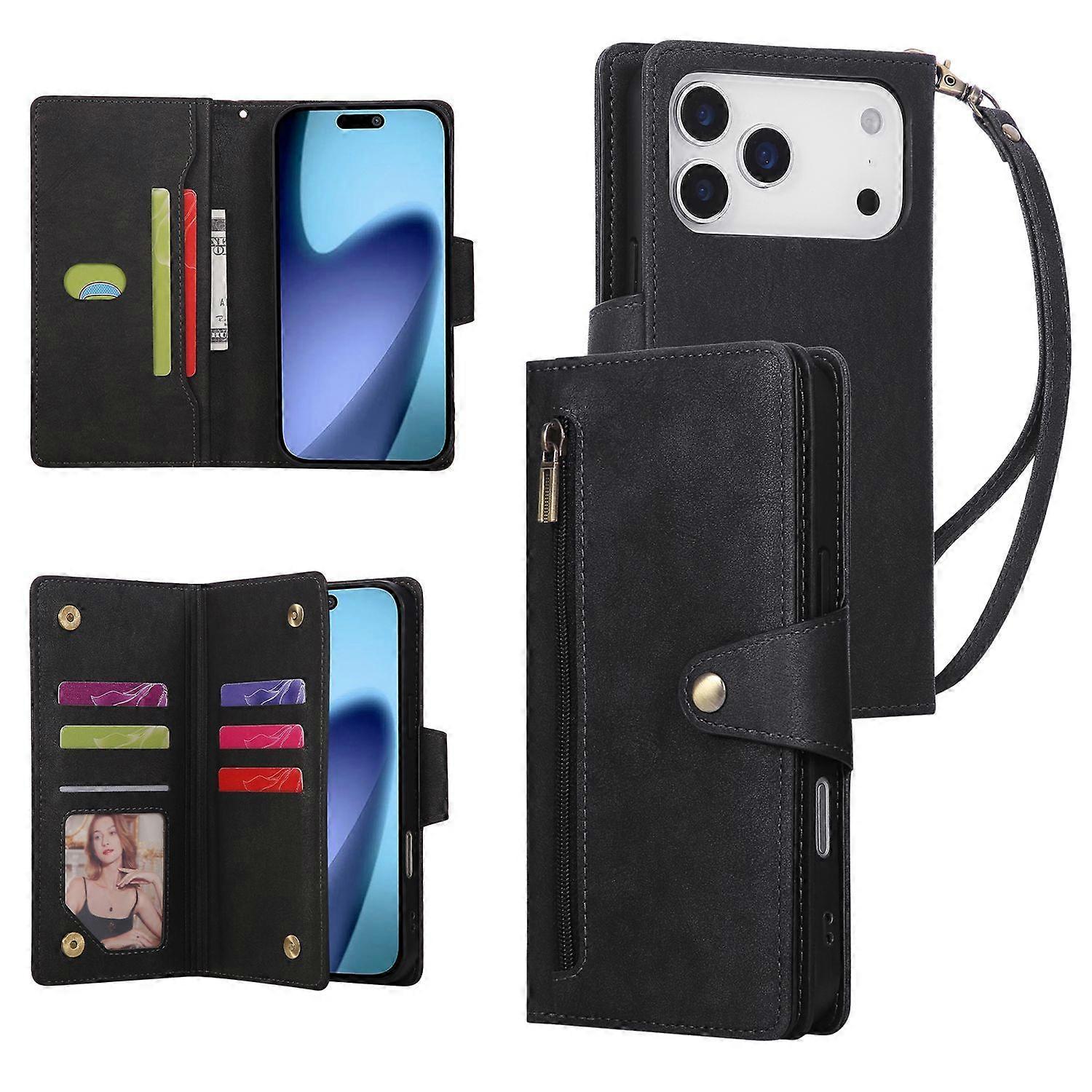 Compatible with iPhone 17 Pro Max Magnetic Leather Wallet Card Holder Black