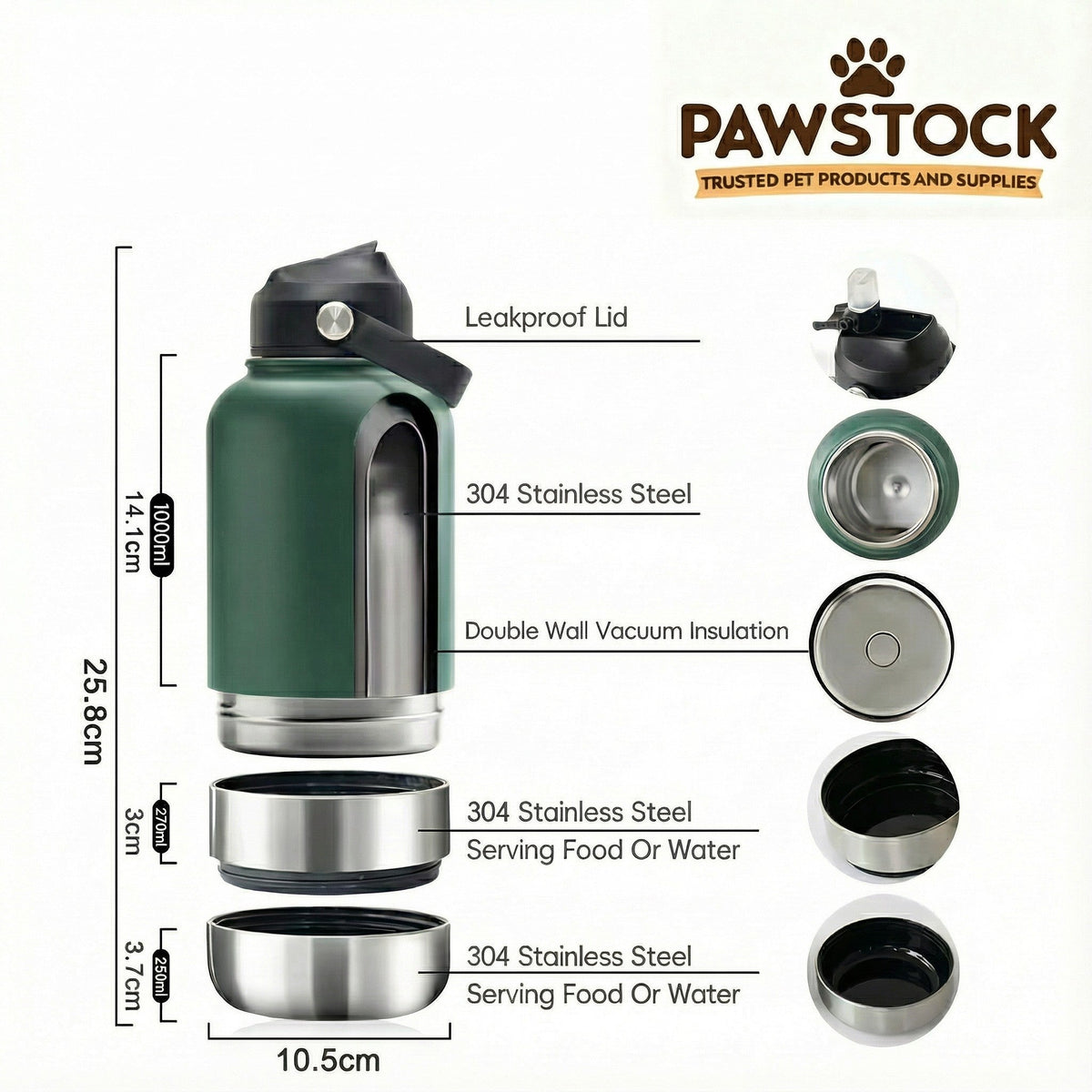 Pawstock 3-in-1 Insulated Dog Water Bottle with Dual Bowls – 1L Stainless Steel Travel Bottle - Brown