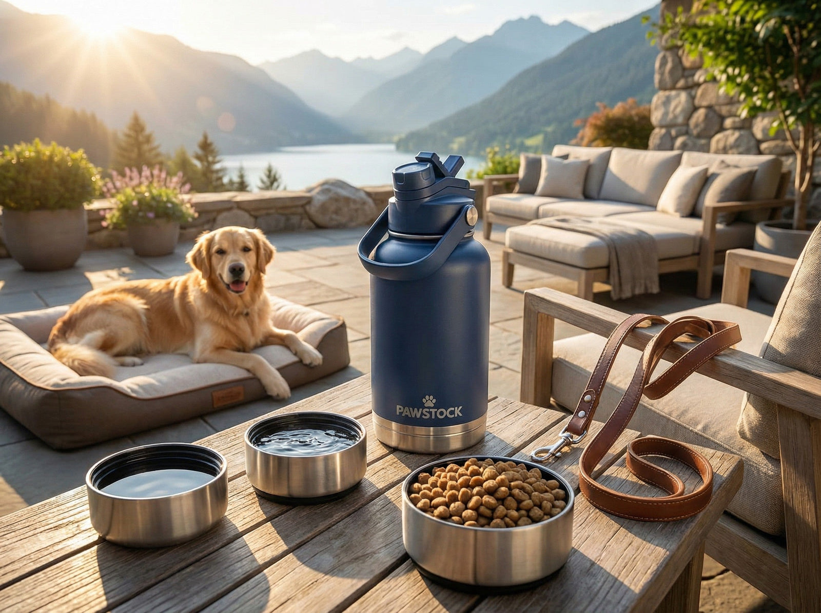 Pawstock 3-in-1 Insulated Dog Water Bottle with Dual Bowls – 1L Stainless Steel Travel Bottle - Brown