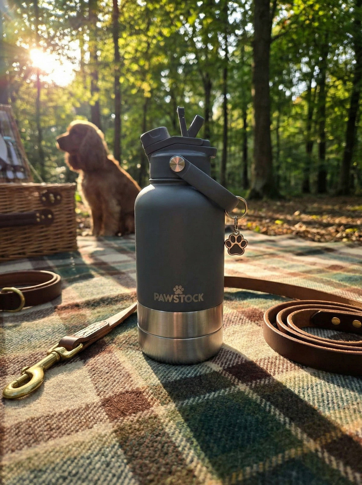 Pawstock 3-in-1 Insulated Dog Water Bottle with Dual Bowls – 1L Stainless Steel Travel Bottle - Brown