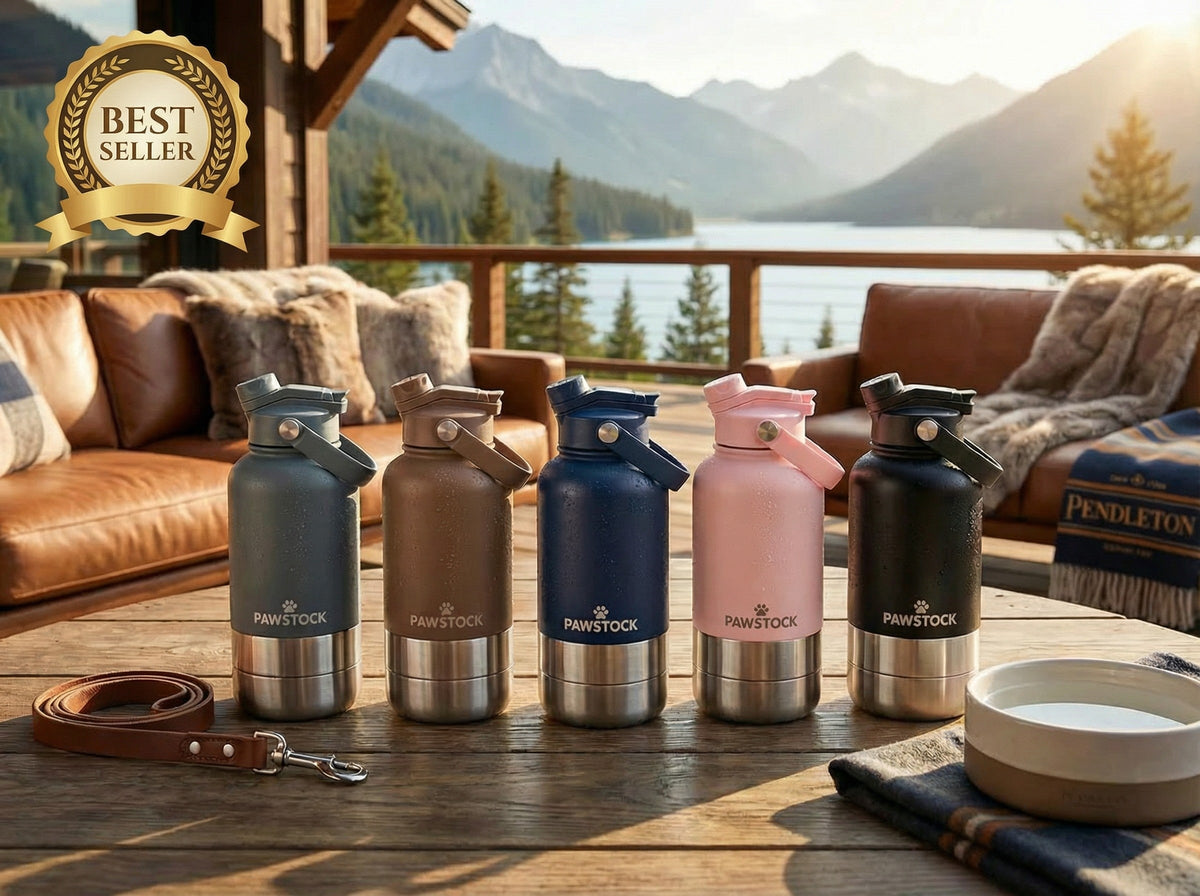 Pawstock 3-in-1 Insulated Dog Water Bottle with Dual Bowls – 1L Stainless Steel Travel Bottle - Navy