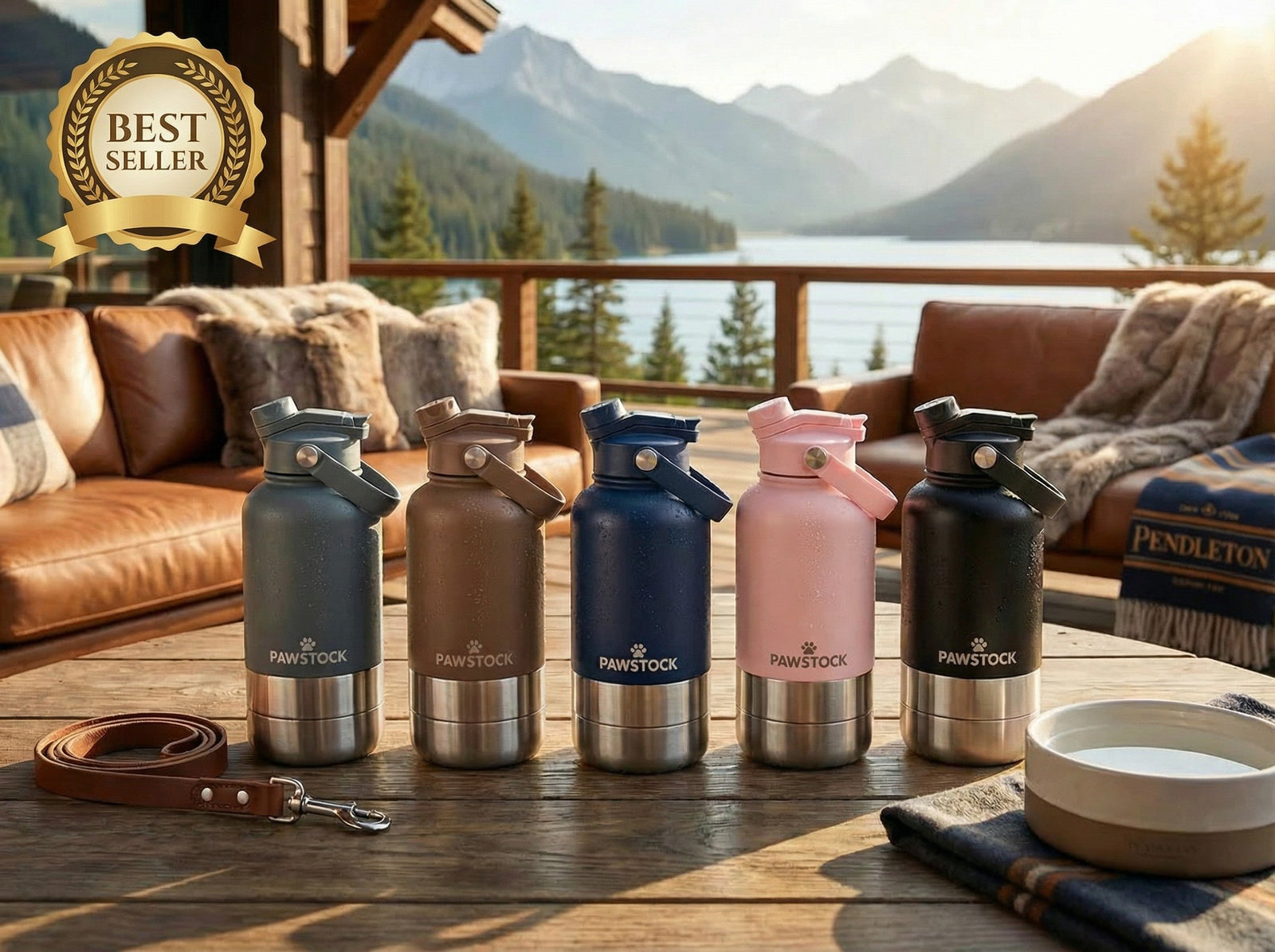 Pawstock 3-in-1 Insulated Dog Water Bottle with Dual Bowls – 1L Stainless Steel Travel Bottle - Navy