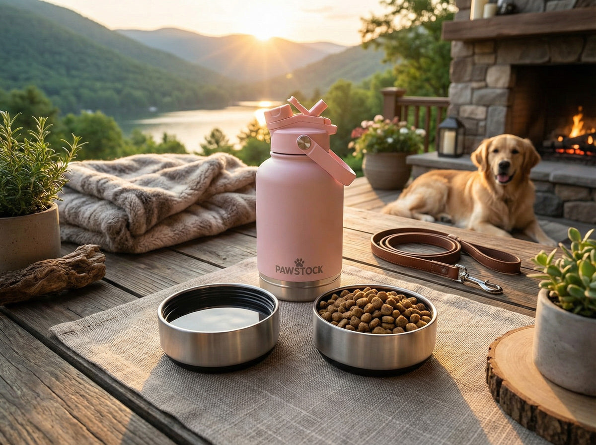 Pawstock 3-in-1 Insulated Dog Water Bottle with Dual Bowls – 1L Stainless Steel Travel Bottle - Navy