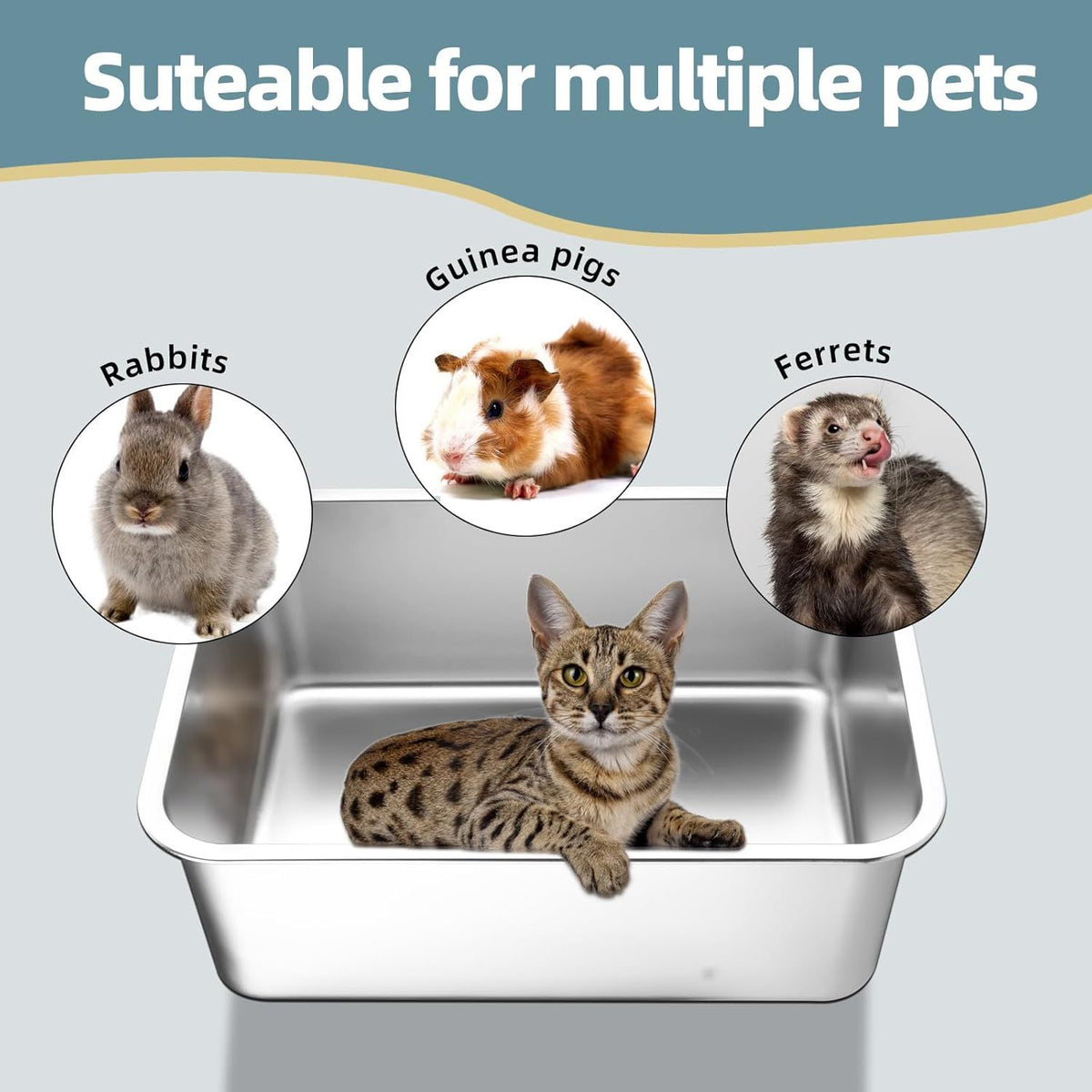 Stainless Steel Cat Litter Box - Large Metal High-Sided Pan for Cats, Pets, Non-Stick, Odor-Free, Easy to Clean, Splash-Proof, Durable (23.6" L x 15.8" W x 8" H)