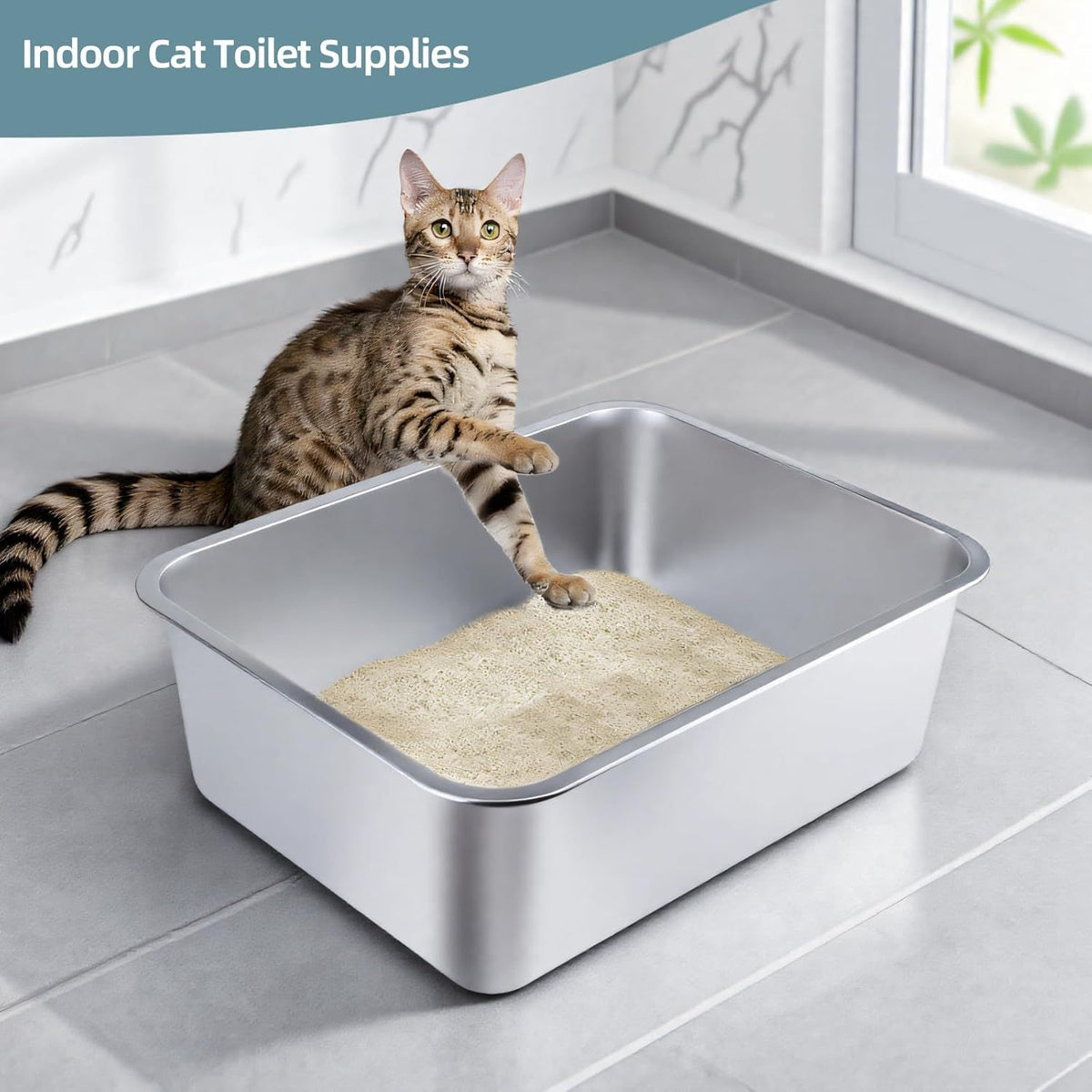 Stainless Steel Cat Litter Box - Large Metal High-Sided Pan for Cats, Pets, Non-Stick, Odor-Free, Easy to Clean, Splash-Proof, Durable (20" L x 13.8" W x 6" H)