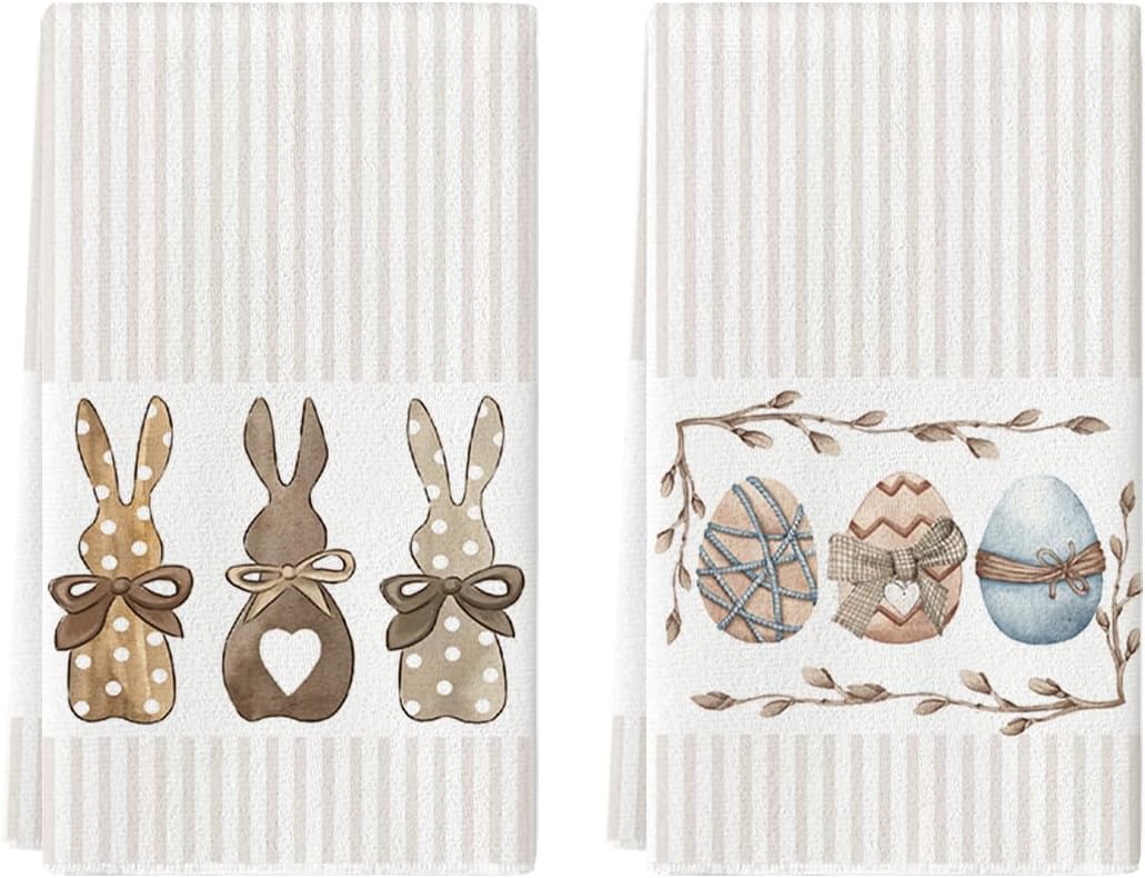 Stripe Rabbit Bunny Eggs Easter Kitchen Towels Dish Towels, 18x26 Inch Spring Decoration Hand Towels Set of 2