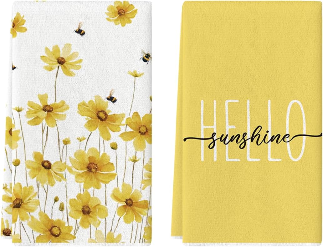 Yellow Flowers Bee Hello Sunshine Spring Kitchen Towels Dish Towels, 18x26 Inch Summer Holiday Decoration Hand Towels Set of 2