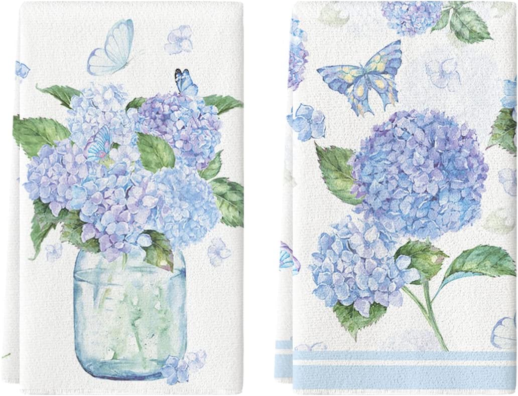 Hydrangea Vase Butterfly Spring Kitchen Towels Dish Towels, 18x26 Inch Summer Flowers Holiday Decoration Hand Towels Set of 2